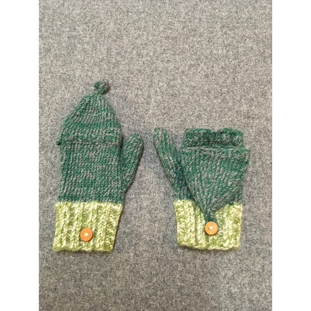 Homemade Convertible Mittens Kids 4-8 Years Green 100% Wool Flip Top Gloves